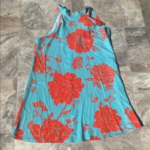 SHEIN Strapless Dress with Vibrant Red Floral on Aqua